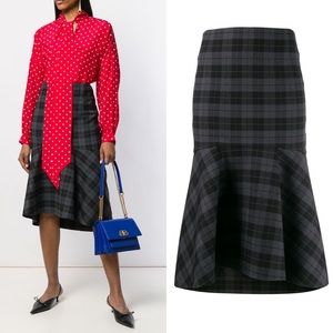 New Balenciaga Godet Stretch Wool Plaid Peplum Skirt in Grey and Black